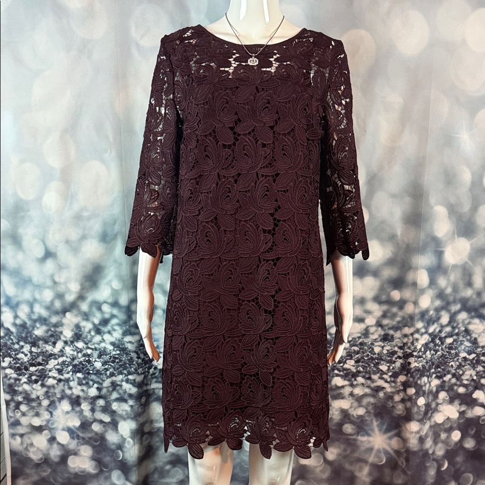 LOFT sz 10 Illusion Burgundy Lace Long Sleeve Dress